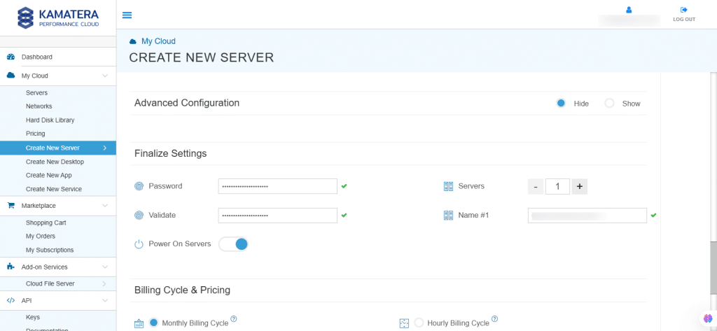 Field Description Install Script Enter the script here to execute once the server is created. Note: For Windows system use Power Shell. Keep Server On Failure                  Do not terminate server if Start up Script or provisioning sails Server Notes Enter any server notes to be noted. Tags Select the tags from the drop-down menu and click Add Tag.        Finalize settings Finalize settings by setting the password, re-validating it, selecting the number of servers, specifying the server's name, and enabling the Power On Servers option.