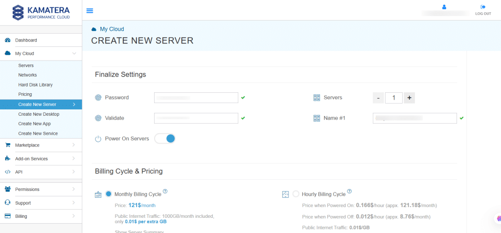 Server creation - Kamatera console