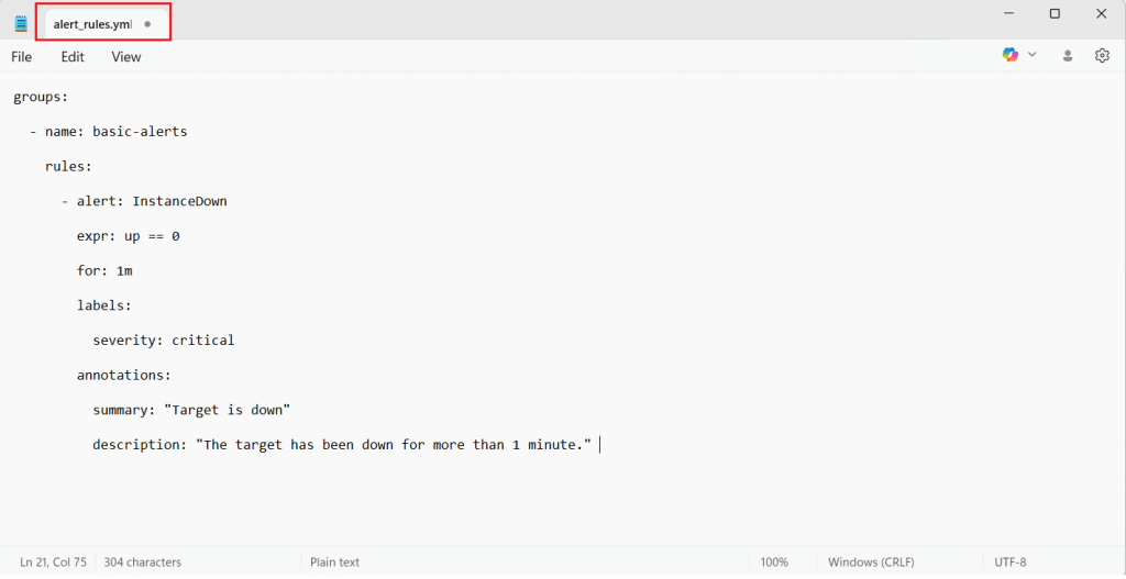 How to Set Up Prometheus + Grafana Monitoring alert_rules.yml: basic InstanceDown alert rule for Prometheus